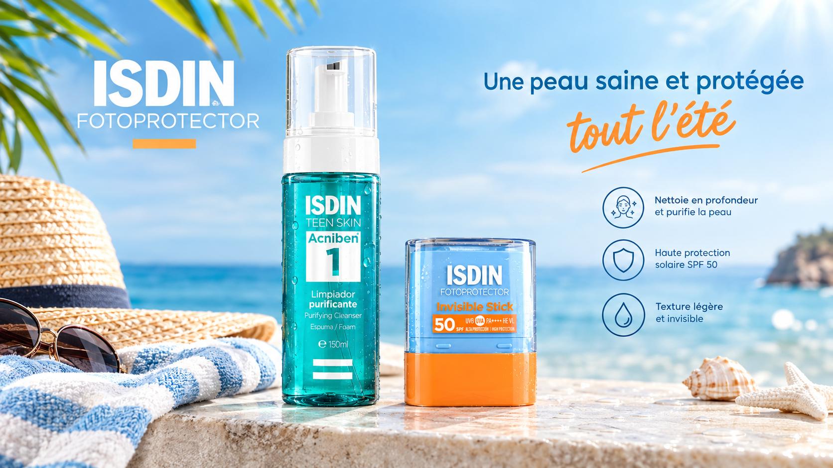 Gamme solaire ISDIN Acniben et Fotoprotector en bord de mer, protection SPF 50