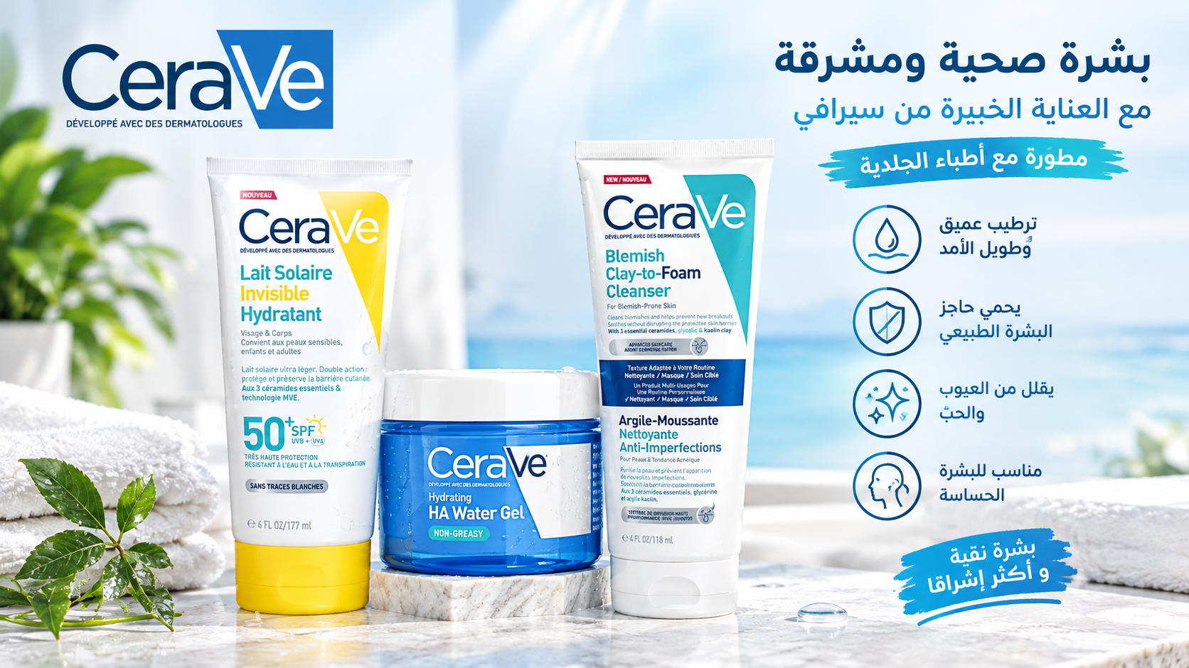 Produits CeraVe pour le visage et le corps, adaptés aux peaux à imperfections et sensibles